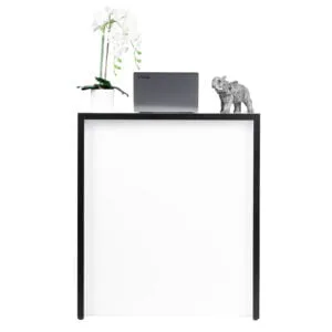 White store counter with black frame